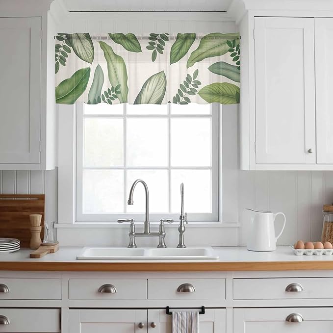 Summer Palm Leaf Sheer Valance Curtains, Green Tropical Plants Nature Leaves Linen Light Filtering Kitchen Valances Rod Pocket Voile Curtain Window Treatment for Bedroom/Living Room/Basement 42Wx12L