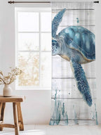 Sheer Curtains 96 Inches Long, Teal Green Ocean Turtle Semi Sheer Curtains Light Filtering Window Treatment, Coastal Seaweed Wood Grain Privacy Voile Drapes for Living Room Bedroom 52x96 Inch