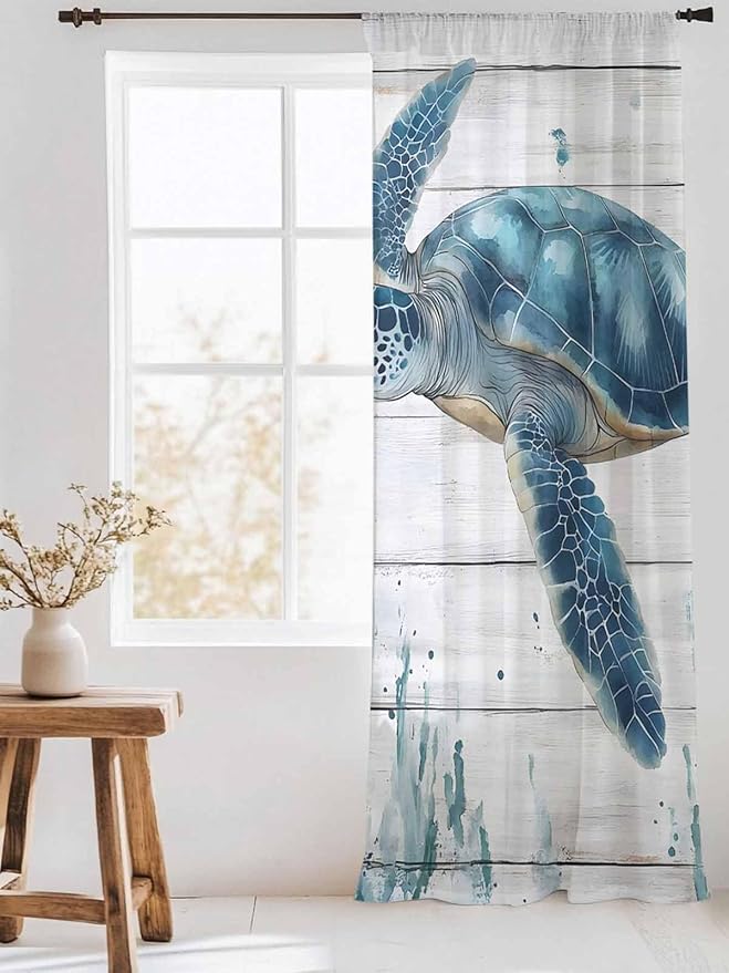 Sheer Curtains 84 Inches Long, Teal Green Ocean Turtle Semi Sheer Curtains Light Filtering Window Treatment, Coastal Seaweed Wood Grain Privacy Voile Drapes for Living Room Bedroom 52x84 Inch