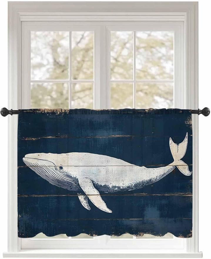 Sheer Curtains 45 Inch Length, Ocean Whale Blue Semi Sheer Curtains Light Filtering Window Treatment, Watercolor Coastal Vintage Wood Grain Privacy Voile Drapes for Living Room Bedroom 52x45 Inch