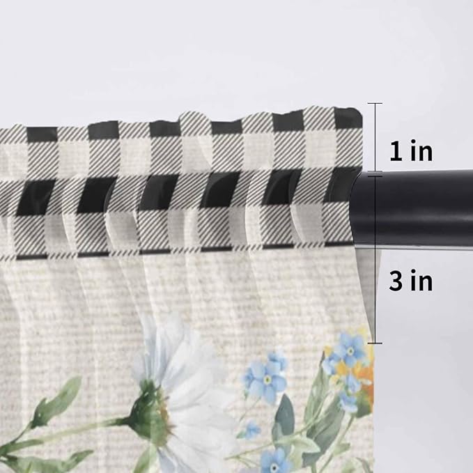 Blue Pink Floral Sheer Valance Curtains, Spring Summer Botanical Linen Black Plaid Light Filtering Kitchen Valances Rod Pocket Voile Curtain Window Treatment for Bedroom/Living Room/Basement 54Wx18L