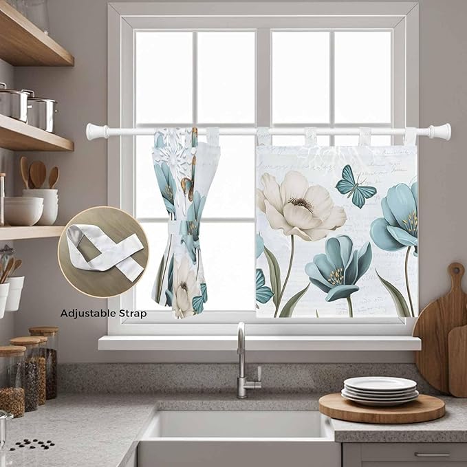 Blue Tulips Kitchen Curtains 24 Inch Length, Small Window Curtains Tab Top, Watercolor Flowers Butterfly Spring Farmhouse Blue Light Filtering Short Window Treatments Tier Drapes 27.5"x24" 2 Panel