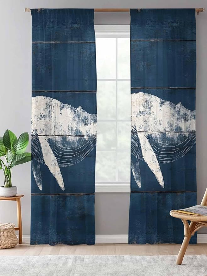 Sheer Curtains 84 Inches Long, Summer Whale Semi Sheer Curtains Light Filtering Window Treatment, Ocean Vintage Wooden Grain Blue Privacy Voile Drapes for Living Room Bedroom 52x84 Inch