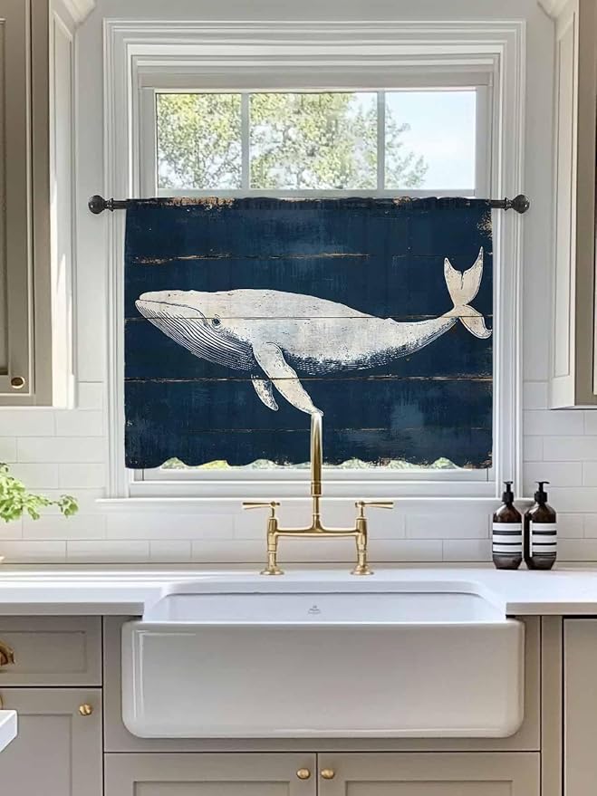 Sheer Curtains 45 Inch Length, Ocean Whale Blue Semi Sheer Curtains Light Filtering Window Treatment, Watercolor Coastal Vintage Wood Grain Privacy Voile Drapes for Living Room Bedroom 52x45 Inch