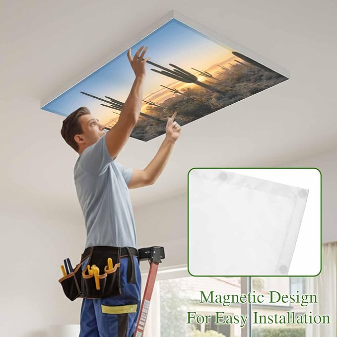 Fluorescent Light Covers for Drop Ceiling Desert Cactus Sunset Magnetic Light Filters, Tropical Plant Natural Scenery Ceiling Shade Filters for Home Classroom Office,2x4 ft,3Packs
