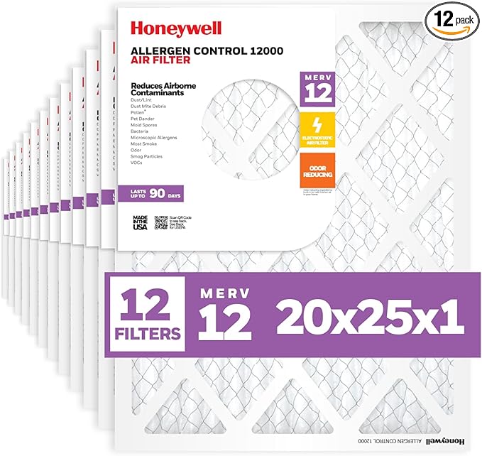 Honeywell 20x25x1 MERV 12 Electrostatic Pleated HVAC AC Furnace Air Filter (12-Pack) | Replacement Filter for Home Use | Made in USA