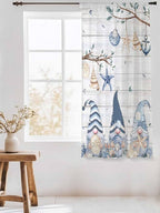 Sheer Curtains 72 Inches Long, Coastal Eucalyptus Semi Sheer Curtains Light Filtering Window Treatment, Ocean Blue Gnomes Starfish Leaf Wood Grain Privacy Voile Drapes for Living Room 52x72 Inch