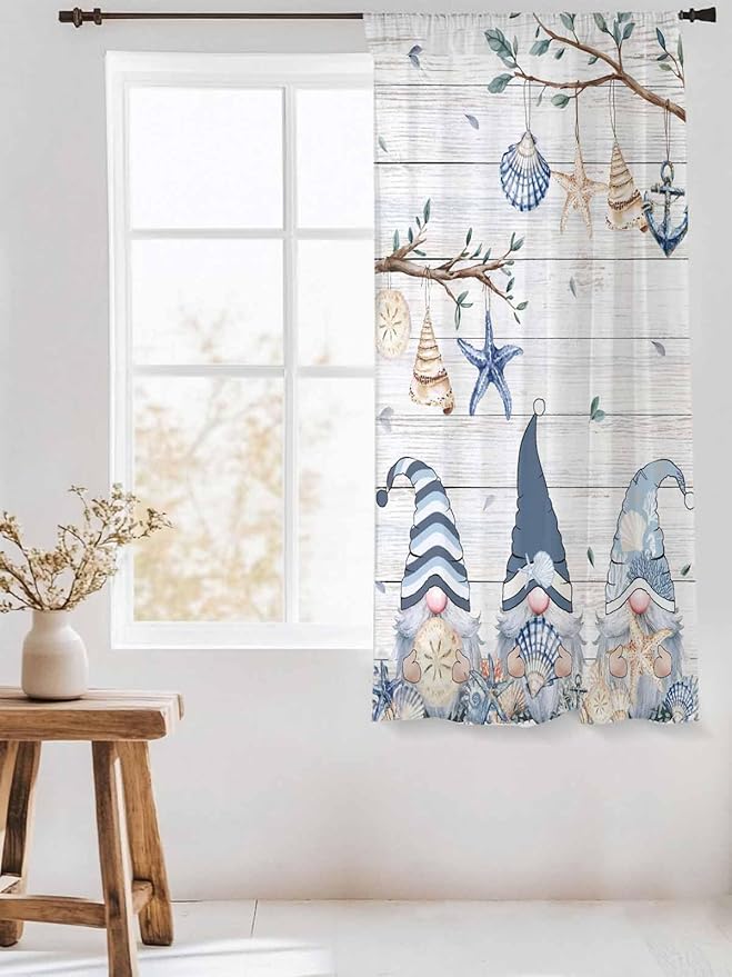 Sheer Curtains 63 Inch Length, Coastal Eucalyptus Semi Sheer Curtains Light Filtering Window Treatment, Ocean Blue Gnomes Starfish Leaf Wood Grain Privacy Voile Drapes for Living Room 52x63 Inch