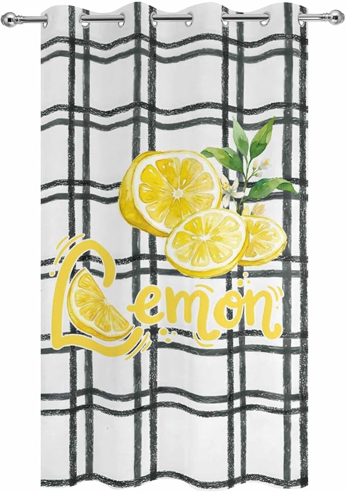 Lemon Outdoor Curtains for Patio Lemon Leaves Summer Plaid Buffalo Waterproof Outside Curtains with Grommet Top Weatherproof Curtain for Cabana Pergola Gazebo, 1 Panel, 54" W x 84" L
