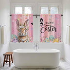 Easter Tier Curtains, Spring Rabbit Eggs Flowers Flags Leaves Wood Grain Light Filtering Kitchen Curtains, 2Pcs Rod Pocket Half Window Treatments Panels for Sink Cafe Cabinet Basement 27.5x45 Inches