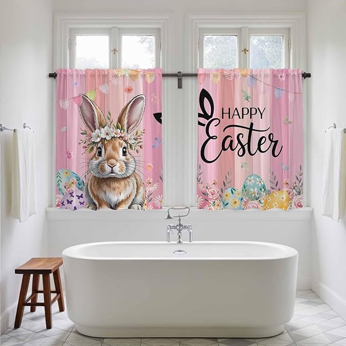 Easter Kitchen Curtains, Spring Rabbit Eggs Flowers Flags Leaves Wood Grain Light Filtering Window Curtain Panels, 2Pcs Rod Pocket Window Treatments Set for RV Dining Room Study Room 42x54 Inches
