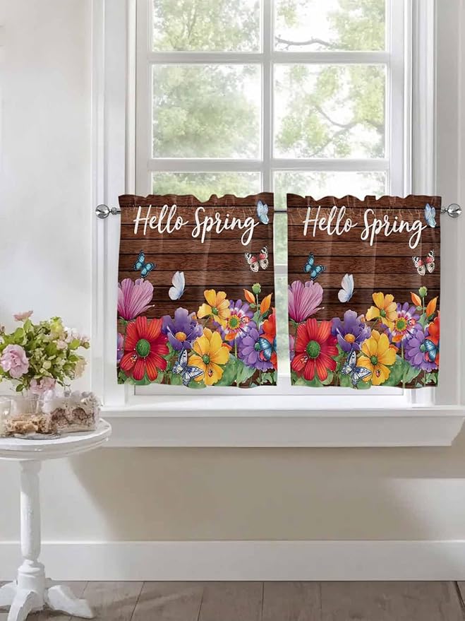 Spring Flowers Half Window Curtains 24 Inches Long, Watercolor Farmhouse Colorful Wooden Grain Window Treatment Curtain Drapes, Short Curtains Tiers for Kitchen Over Sink, 27.5"x24", 2 Panels