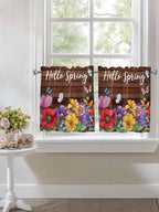 Spring Flowers Half Window Curtains 24 Inches Long, Watercolor Farmhouse Colorful Wooden Grain Window Treatment Curtain Drapes, Short Curtains Tiers for Kitchen Over Sink, 27.5"x24", 2 Panels