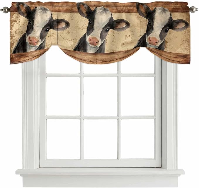 Farmhouse Cow Tie Up Valance Curtains for Windows, Kitchen Curtains Window Shades, Country Vintage Animals Wooden Grain Light Filtering Roman Curtain Valances for Bedroom/Bathroom/Cafe 42"x12"