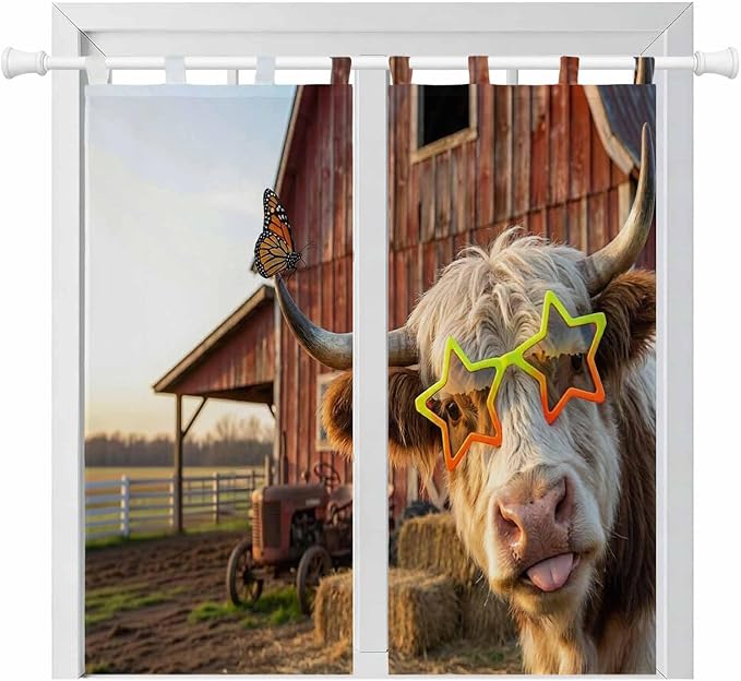 Farm Yaks Bedroom Curtains 72 Inch Length, Window Curtains Tab Top, Farmhouse Barn Funny Animals Butterfly Light Filtering Window Treatments Drapes 52"x72" 2 Panel
