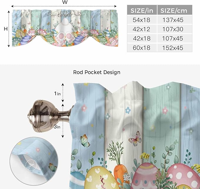 Easter Tie Up Valance Curtains for Windows, Kitchen Curtains Window Shades, Spring Rabbit Ears Foot Flowers Eggs Green Wooden Light Filtering Roman Curtain Valances for Bedroom/Bathroom/Cafe 54"x18"