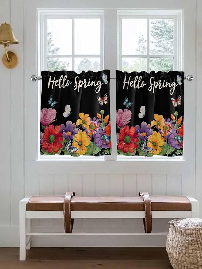 Spring Flowers Half Window Curtain 36 Inches Long, Watercolor Country Colorful Floral Black Window Treatment Curtain Drapes, Small Tier Curtains for Bathroom Over Sink, 27.5"x36", 2 Panels