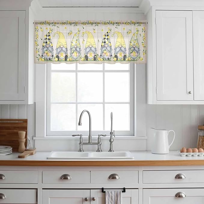 Rustic Lemon Gnomes Sheer Valance Curtains, Summer Fruit Leaves Retro Linen Texture Light Filtering Kitchen Valances Rod Pocket Voile Curtain Window Treatment for Bedroom/Living Room/Basement 60Wx18L