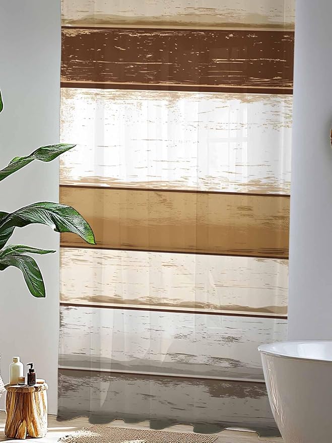 Sheer Curtains 108 Inches Long, Brown Wood Grain Semi Sheer Curtains Light Filtering Window Treatment, Vintage Country Geometric Striped Privacy Voile Drapes for Living Room Bedroom 52x108 Inch