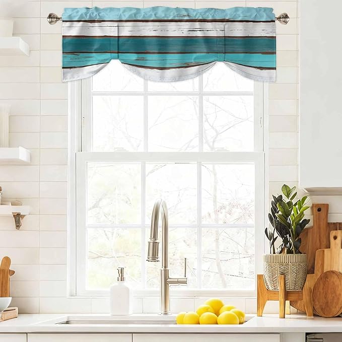 Turquoise Teal Tie Up Valance Curtains for Windows, Kitchen Curtains Window Shades, Farmhouse Retro Ombre Wooden Grain Light Filtering Roman Curtain Valances for Bedroom/Bathroom/Cafe 54"x18"