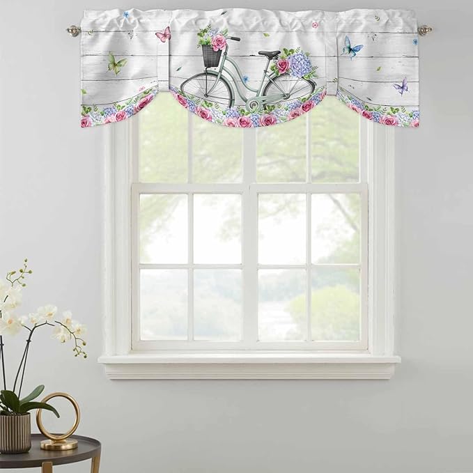 Spring Tie Up Valance Curtains for Windows, Kitchen Curtains Window Shades, Bicycles Botanical Rose Leaves Butterfly Wood Grain Light Filtering Roman Curtain Valances for Bedroom/Bathroom/Cafe 42"x12"