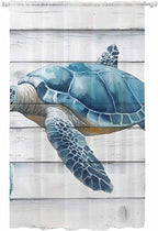 Sheer Curtains 108 Inches Long, Sea Turtle Blue Semi Sheer Curtains Light Filtering Window Treatment, Coastal Ocean Seaweed Wood Grain Privacy Voile Drapes for Living Room Bedroom 52x108 Inch
