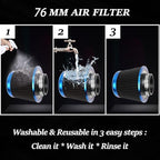 Cold Air Intake Filter, High Performance, Washable Filter, Clamp-On Replacement Air Filter, Flange Diameter 3inch/76mm Black