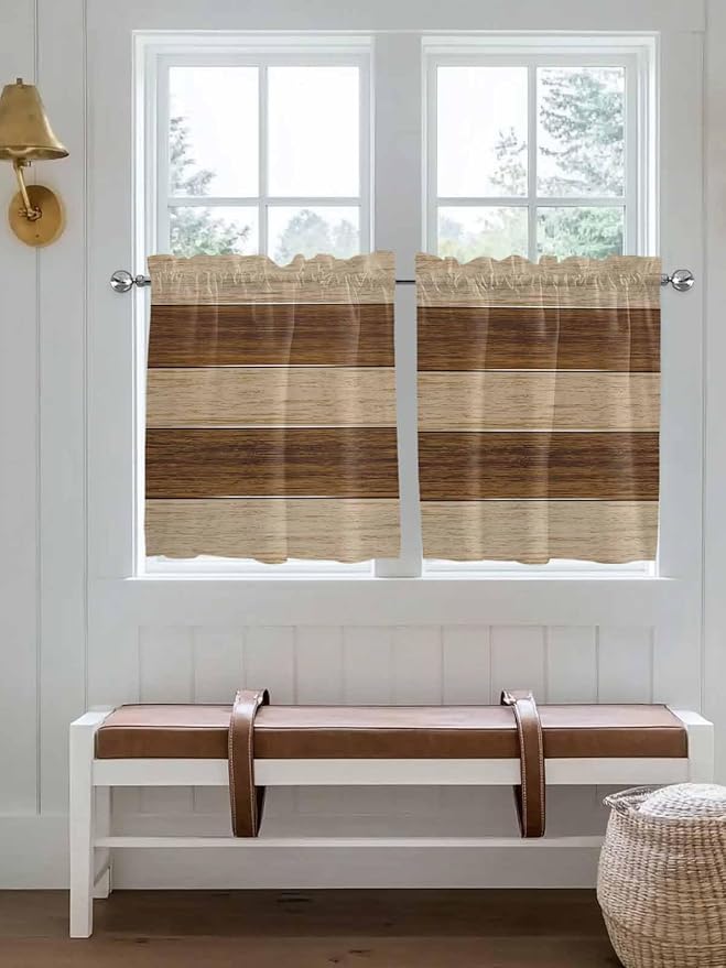 Retro Country Brown Wooden Board Window Valance Curtains, Farmhouse Gradient Plank Light Filtering Kitchen Valance with 3-inch Rod Pocket for Living Room Bathroom Bedroom,2 Panel,27.5x24In