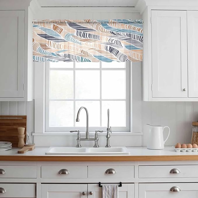 Abstract Stripes Sheer Valance Curtains, Brown Blue Gradient Wavy Lines Leaf Texture Light Filtering Kitchen Valances Rod Pocket Voile Curtain Window Treatment for Bedroom/Living Room/Basement 54Wx18L