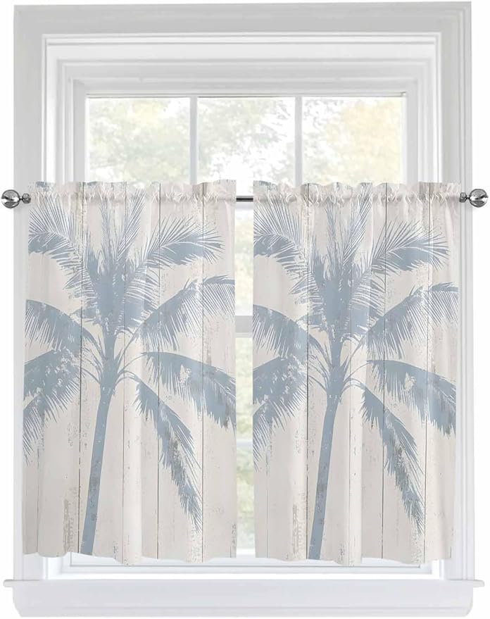 Summer Coconut Tree on Vintage Wood Grain Window Valance Curtains, Seaside Plants Light Filtering Kitchen Valance with 3-inch Rod Pocket for Living Room Bathroom Bedroom,2 Panel,52x54In