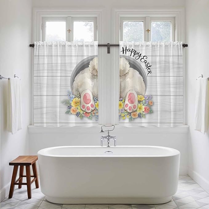 Easter Bunny Kitchen Curtains 45 Inch Long 2 Panel Set, Rod Pocket Window Treatment, 3D Optical Illusion Farmhouse Flower Wood Grain Light Filtering Panels Short Drapes for Bathroom Camper 42"W x 45"L