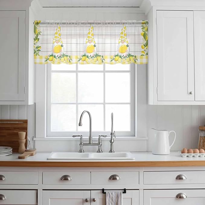 Lemon Dwarfs Sheer Valance Curtains, Gnome Green Leaf Wood Striped Yellow Plaid Light Filtering Kitchen Valances Rod Pocket Voile Curtain Window Treatment for Bedroom/Living Room/Basement 60Wx18L