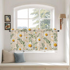Spring Daisy Tier Curtains, Country Watercolor Flower Leaf Plant Light Filtering Kitchen Curtains, 2Pcs Rod Pocket Half Window Treatments Panels for Sink Cafe Cabinet Camper 27.5x36 Inches