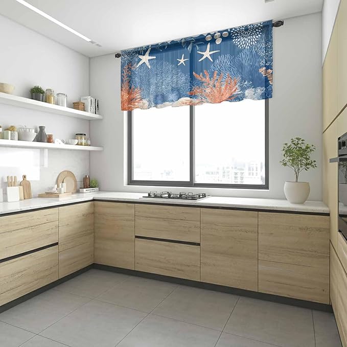 Ocean Corals Sheer Valance Curtains, Summer Beach Coral Sea Stars Dark Blue Light Filtering Kitchen Valances Rod Pocket Voile Curtain Window Treatment for Bedroom/Living Room/Basement 54Wx18L