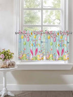 Happy Easter Half Window Curtain 36 Inches Long, Spring Bunny Eggs Flower Teal Wood Grain Window Treatment Curtain Drapes, Small Tier Curtains for Bathroom Over Sink, 27.5"x36", 2 Panels