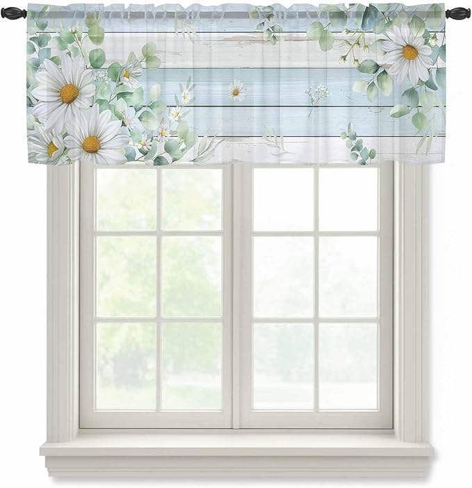 Daisy Eucalyptus Leaves Sheer Valance Curtains, Blue Wood Grain Spring Countryside Light Filtering Kitchen Valances Rod Pocket Voile Curtain Window Treatment for Bedroom/Living Room/Basement 42Wx18L