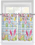 Happy Easter Tier Curtains 45 Inches Long, Spring Watercolor Bunny Eggs Flower Blue Plaid Window Treatment Curtain Drapes, Small Curtain Drapes for Bathroom Laundry Room, 27.5"x45", 2 Panels