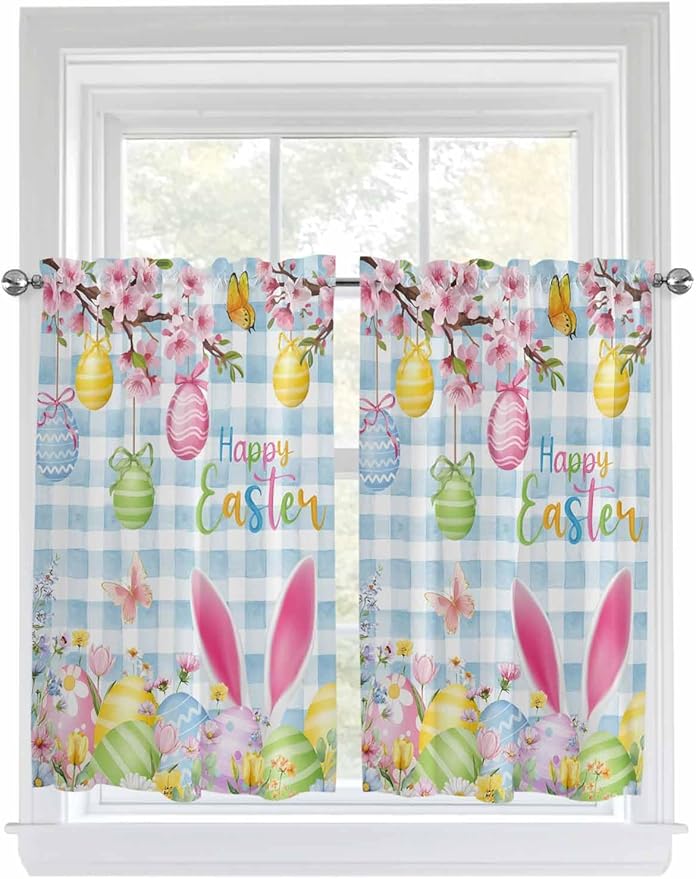 Happy Easter Kitchen Curtains 45 Inches length, Spring Watercolor Bunny Eggs Flower Blue Plaid Window Treatment Curtain Drapes, Lightweight Window Panels for Living Room Bedroom, 52"x45", 2 Panels
