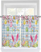 Happy Easter Kitchen Curtains 45 Inches length, Spring Watercolor Bunny Eggs Flower Blue Plaid Window Treatment Curtain Drapes, Lightweight Window Panels for Living Room Bedroom, 52"x45", 2 Panels