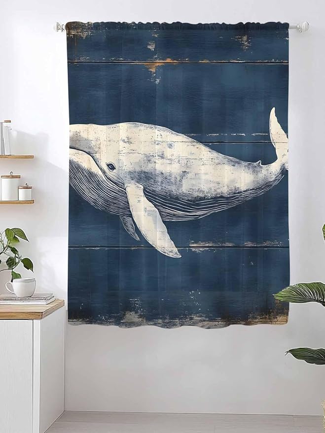 Sheer Curtains 63 Inch Length, Ocean Vintage Whale Semi Sheer Curtains Light Filtering Window Treatment, Summer Retro Wood Grain Privacy Voile Drapes for Living Room Bedroom 52x63 Inch