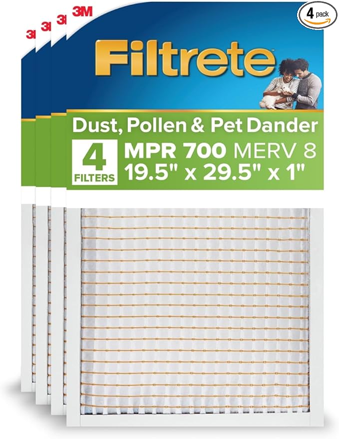 Filtrete 19.5x29.5x1 AC Furnace Air Filter, MERV 8, MPR 700, Tough on Pollen, Easy on Airflow, 3-Month Pleated 1-Inch Electrostatic Air Cleaning Filter, 4-Pack