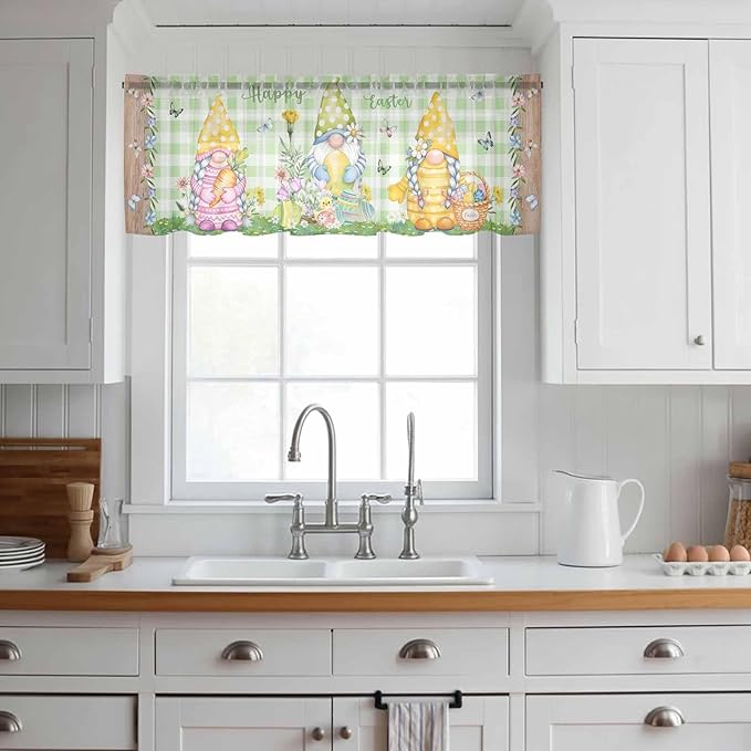 Easter Sheer Valances for Windows 42"x12", Light Filtering Kitchen Curtains Valance, Gnomes Flowers Duck Eggs Green Lattice Wooden Rod Pocket Chiffon Curtains for Living Room Bedroom Cafe
