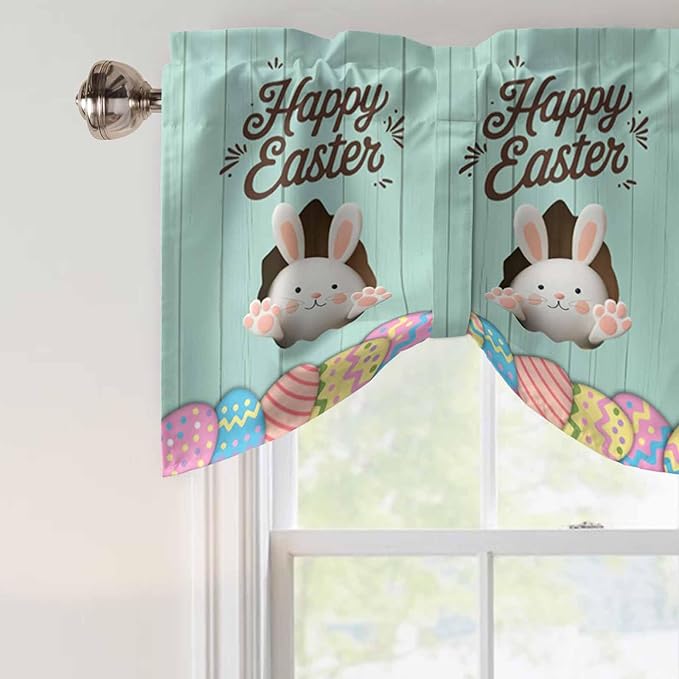 Green Easter Tie Up Valance Curtains for Windows, Kitchen Curtains Window Shades, Spring Cartoon Bunny Colorful Eggs Wood Grain Light Filtering Roman Curtain Valances for Bedroom/Bathroom/Cafe 60"x18"