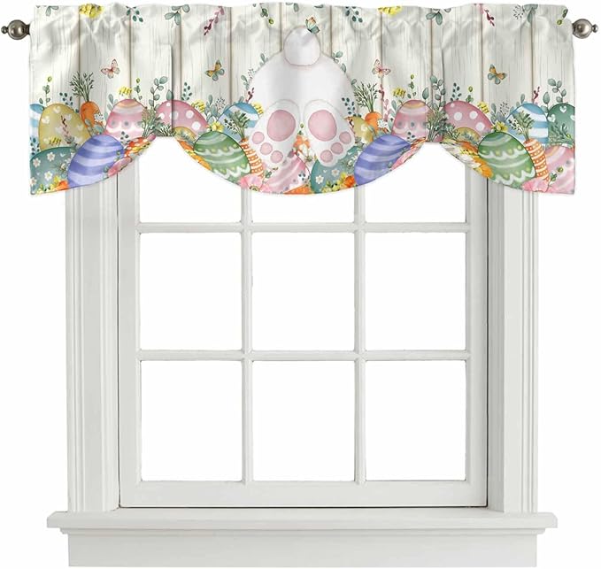 Easter Tie Up Valance Curtains for Windows, Kitchen Curtains Window Shades, Spring Rabbit Ears Foot Colorful Eggs Leaf Floral Light Filtering Roman Curtain Valances for Bedroom/Bathroom/Cafe 42"x18"