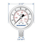 MEASUREMAN Fully Stainless Steel Hydraulic Glycerin Filled Pressure Gauge, 2-1/2" Dial Size,0-160psi/kpa,1/4" NPT Lower Mount