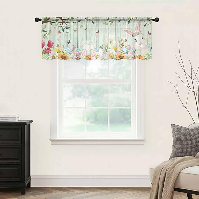 Easter Sheer Valances for Windows 42"x18", Light Filtering Kitchen Curtains Valance, Spring Watercolor Bunny Eggs Tulip Wooden Grain Teal Rod Pocket Chiffon Curtains for Living Room Bedroom Cafe