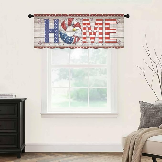 4th of July Sheer Valances for Windows 42"x18", Light Filtering Kitchen Curtains Valance, Stars Striped Farmhouse American Flag Wood Grain Rod Pocket Chiffon Curtains for Living Room Bedroom Cafe