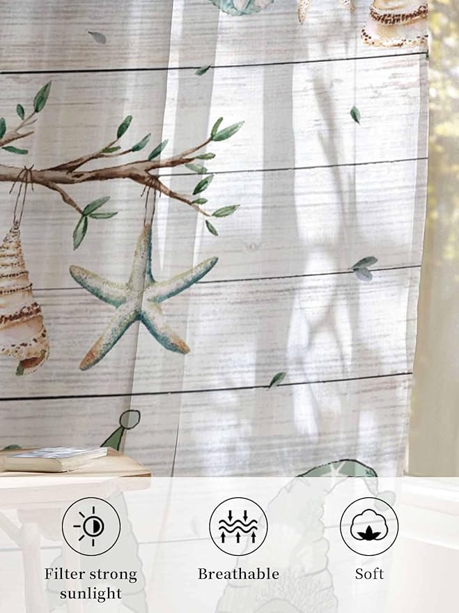 Sheer Curtains 108 Inches Long, Sage Green Gnomes Semi Sheer Curtains Light Filtering Window Treatment, Eucalypus Coastal Anchor Retro Wood Privacy Voile Drapes for Living Room Bedroom 52x108 Inch