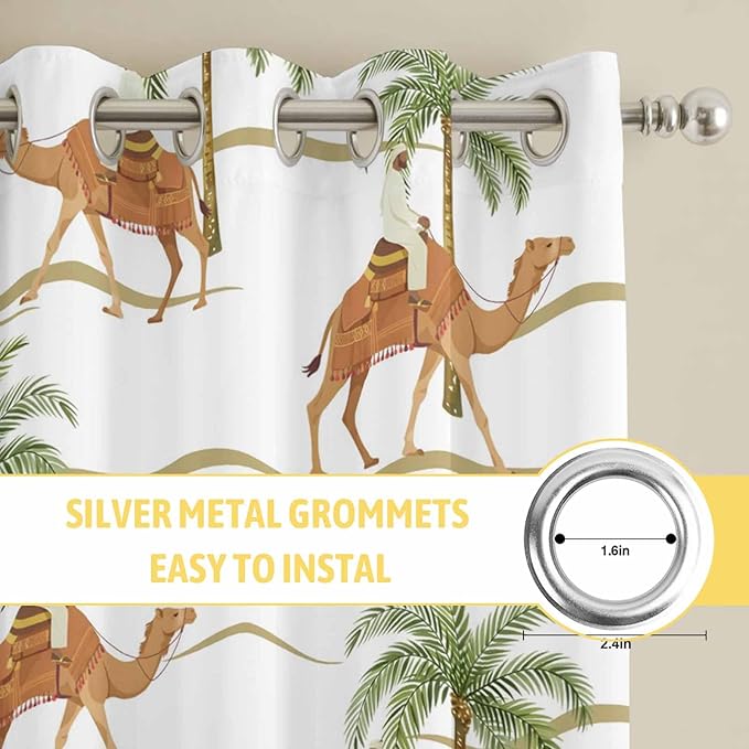 2 Panel Kitchen Cafe Curtains, Desert Camels Sunlight Filtering Nature Air Through, Home Decor Window Covering Tier Curtains for Bedroom Living Room Tropical Date Palm Trees Animal