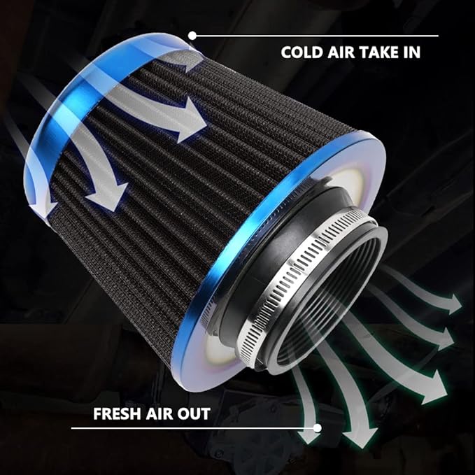 Cold Air Intake Filter, High Performance, Washable Filter, Clamp-On Replacement Air Filter, Flange Diameter 3inch/76mm Black